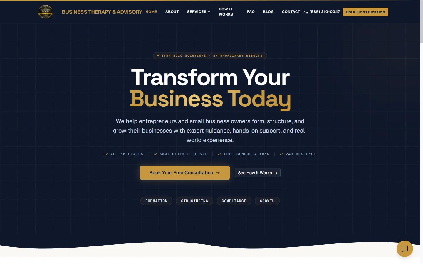 Business Therapy & Advisory homepage hero with "Transform Your Business Today" headline in white and gold serif